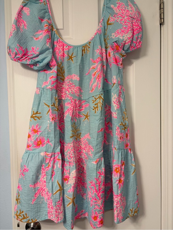 Lilly Pulitzer Dresses & Skirts - Lilly Pulitzer Aqua Dress with Hot Pink Coral and Gold Accents